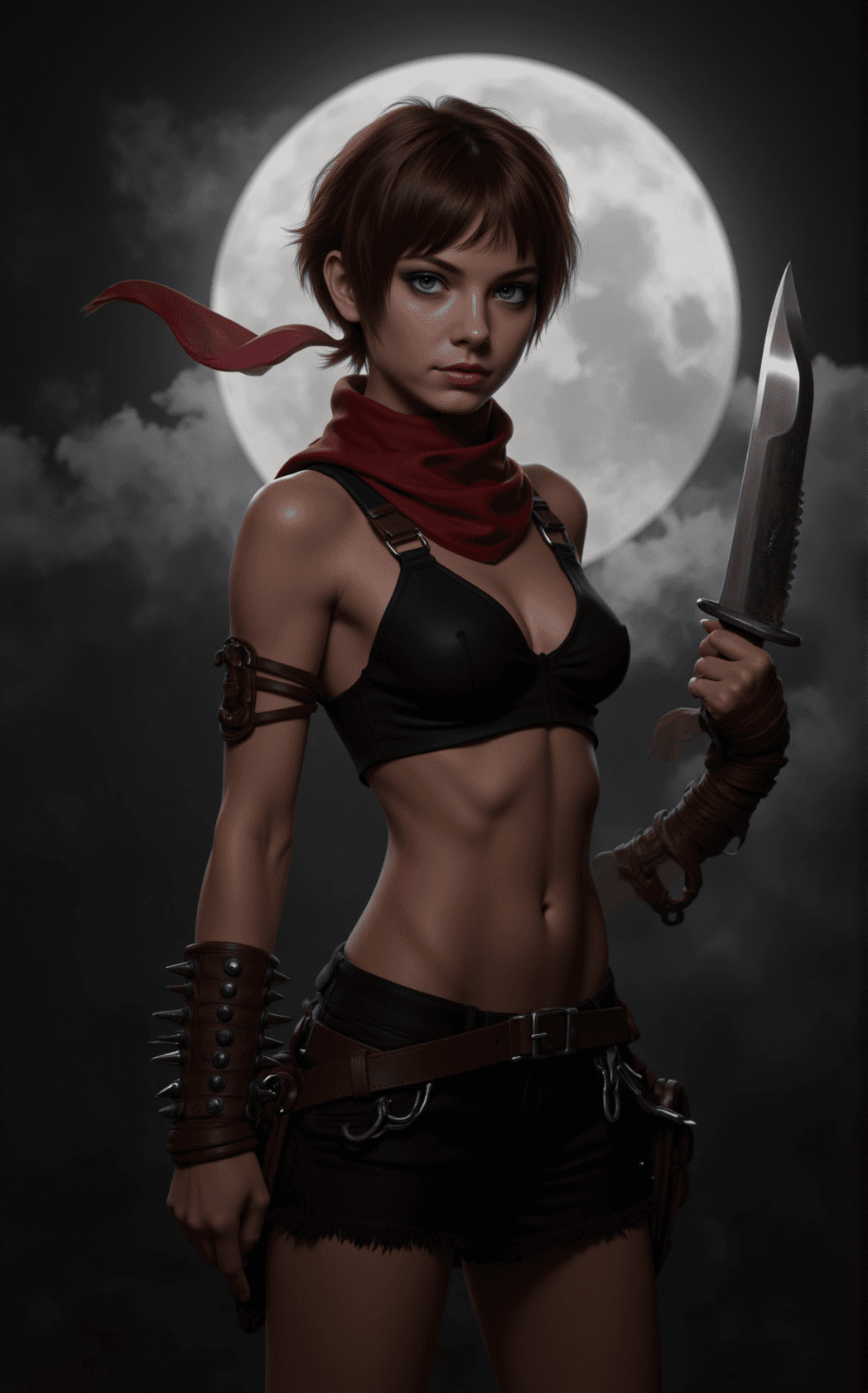 AI generated: a confident, muscular female warrior with a fierce, determined expression. She has short, tousled br...