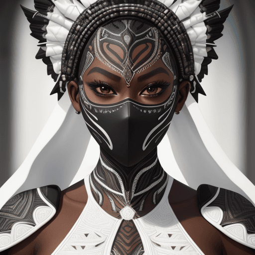 AI generated: intricate closeup shot, masterpiece artwork, black skin-tight body, tribal, suit, white accent, deta...