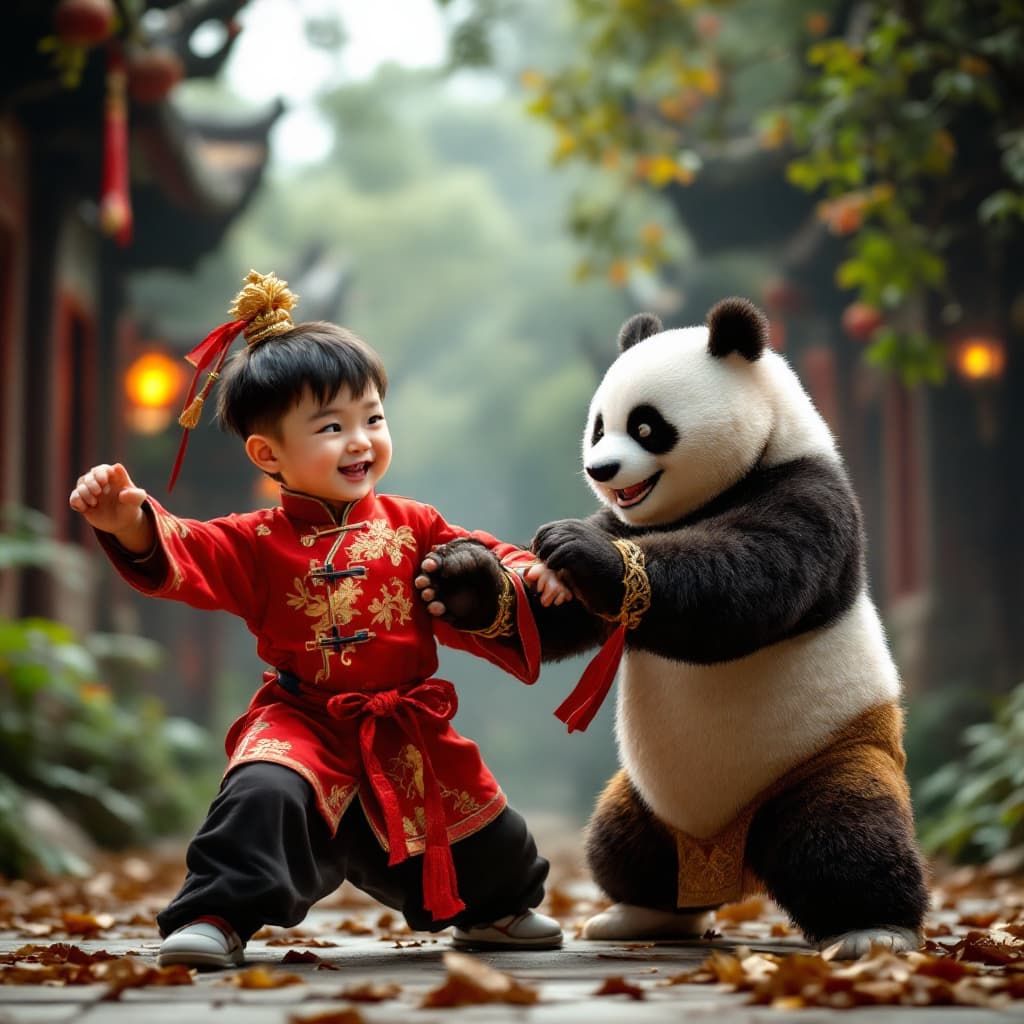 AI generated: A cute Chinese little boy wearing traditional Chinese and the giant panda from Kung Fu Panda in real...