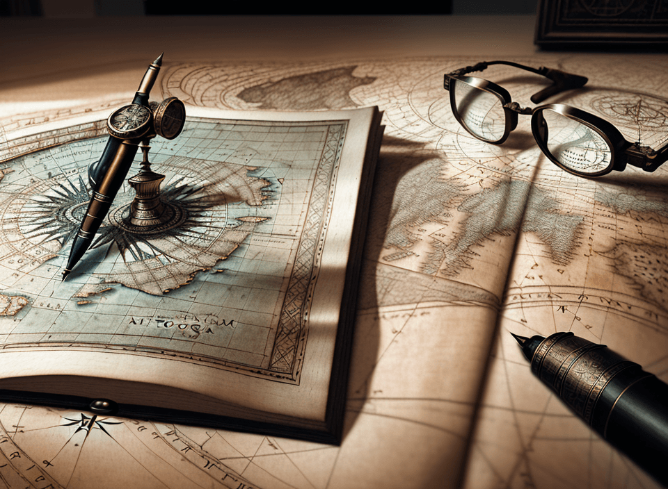 AI generated: High resolution photography interior design, Historical world map, one small compass, metal-framed g...