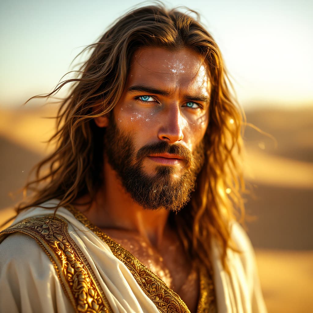 AI generated: A hyper-realistic close-up portrait of Jesus Christ standing in the desert. His long, flowing brown ...