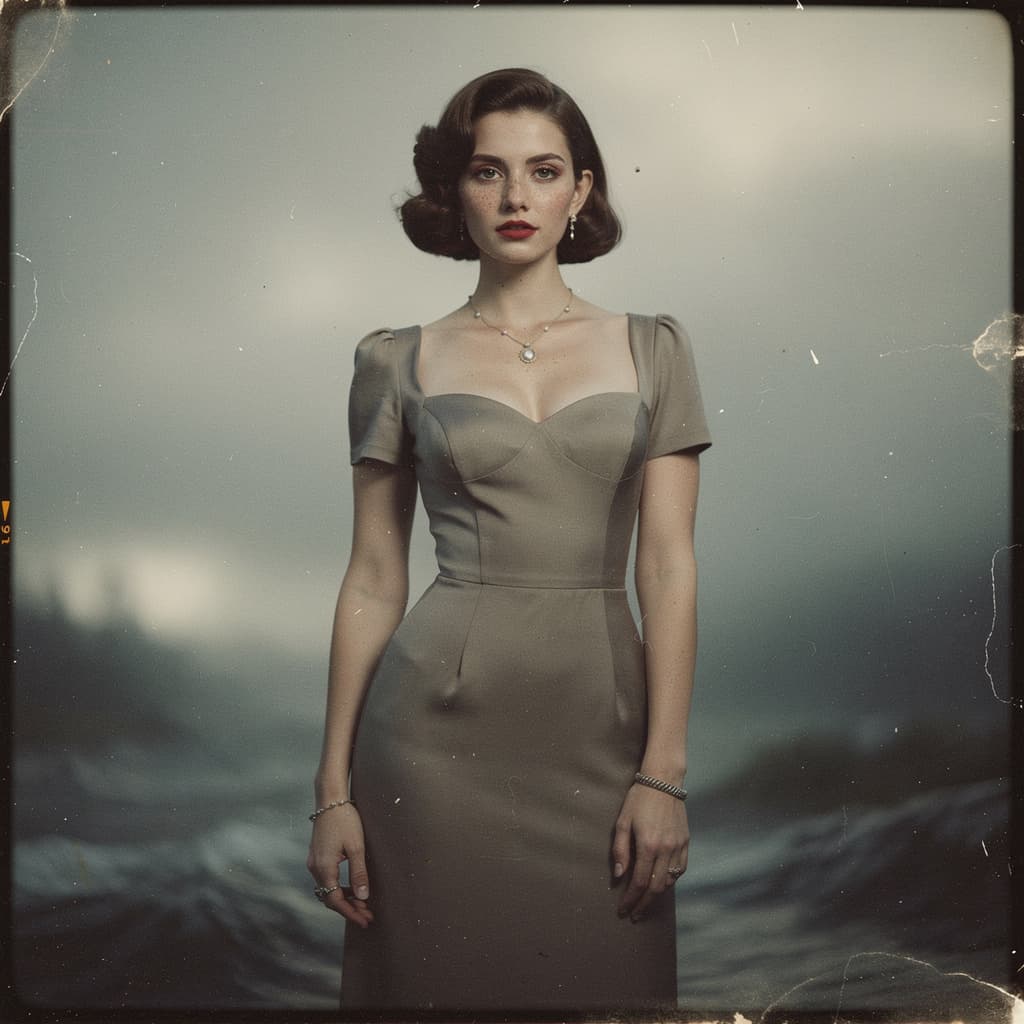 AI generated: analog film photo (big tits), (gigantic breasts), (nude), intimate posing, short hair, ((Perfect Fac...