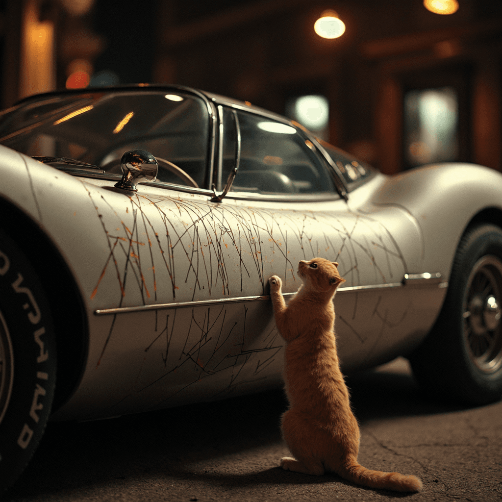 AI generated: A luxurious retro-futuristic car stands under the soft glow of streetlights, its sleek lines and pol...