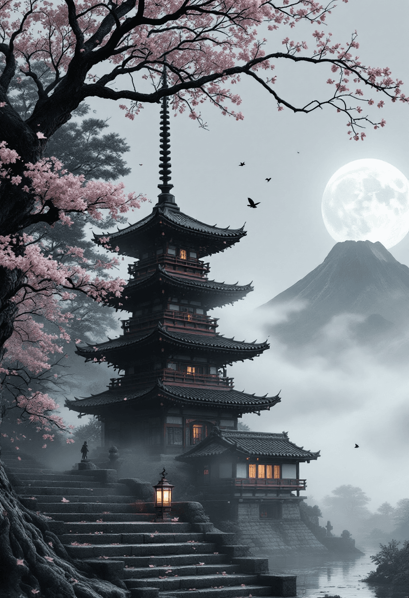 AI generated: A full traditional Japanese pagoda tower, off-center right, fully visible from base to spire, uncrop...