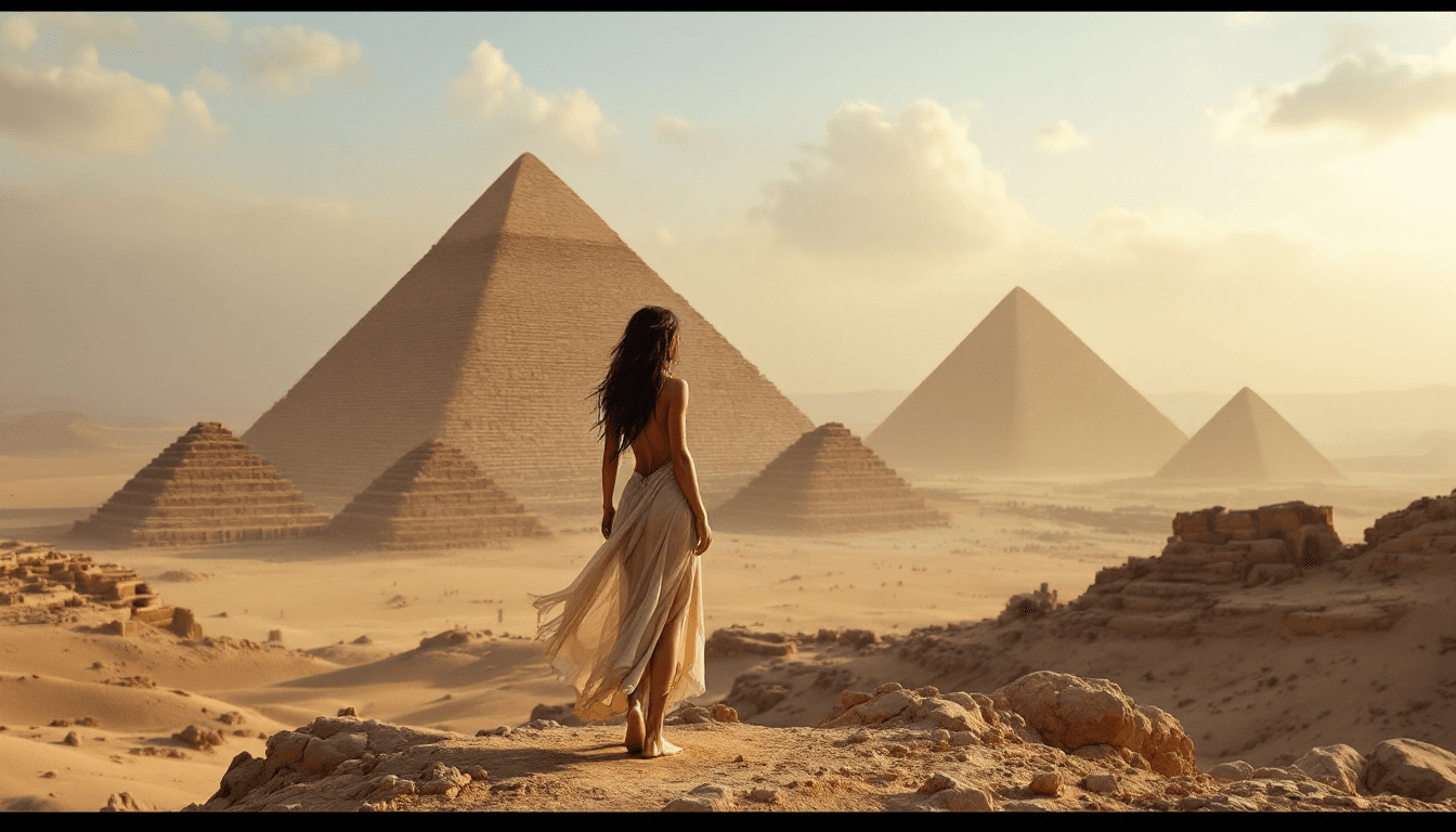 AI generated: withthe pyramids and the nil valley on her backsa full body view hot egyptian girl, barefoot, show f...