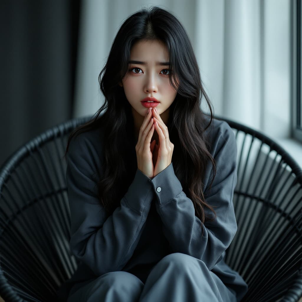 AI generated: image of a young Japanese woman ,  with long black hair, striking and contemporary photo-shoot withi...