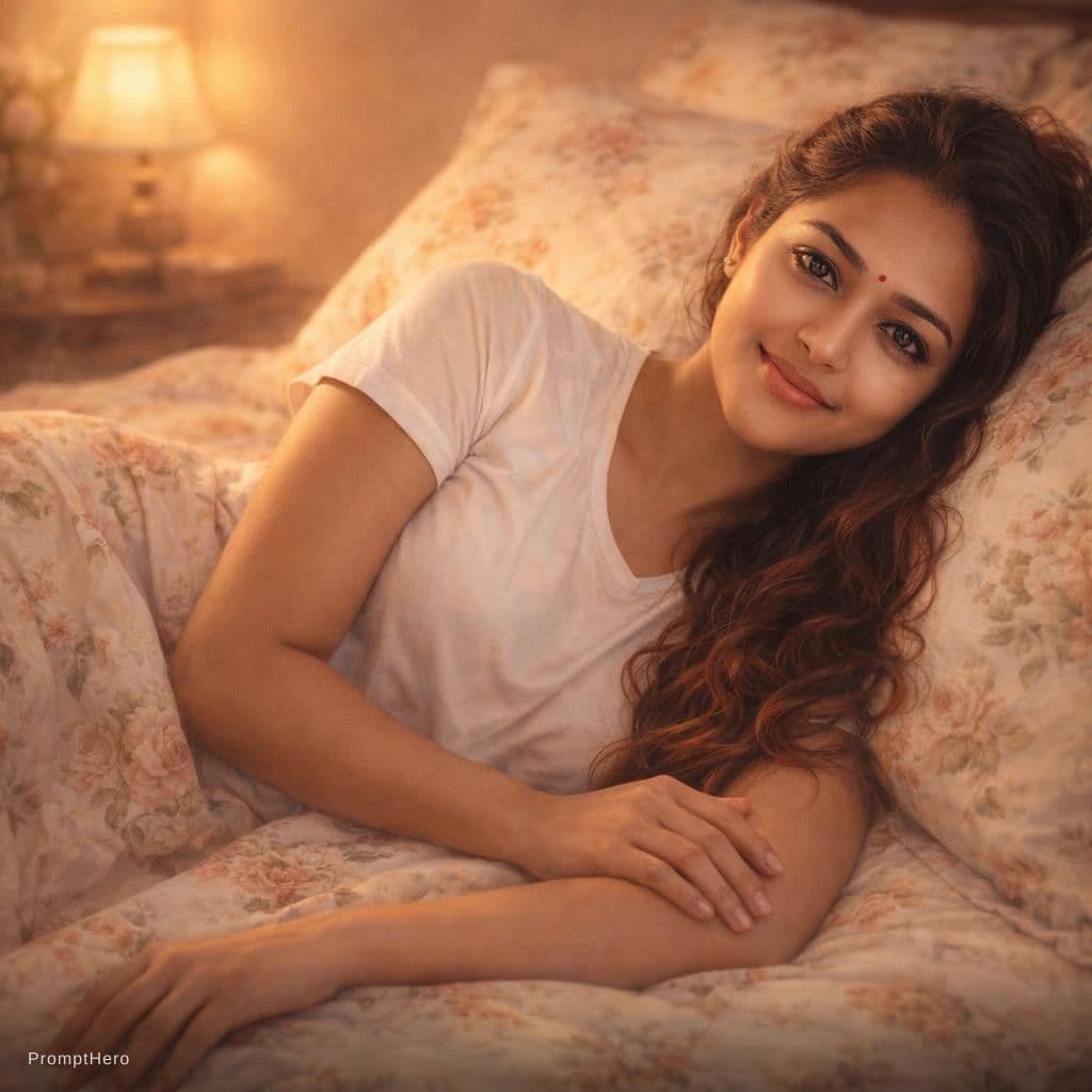 AI generated: Description: A graceful female figure reclining on a bed adorned with floral-patterned sheets, illum...