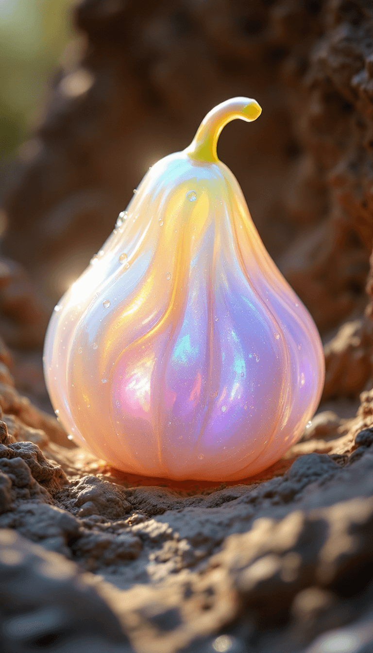 AI generated: ((a delicate big fig)), carved from shimmering opal, lies nestled in a rocky nook as sunlight bathes...