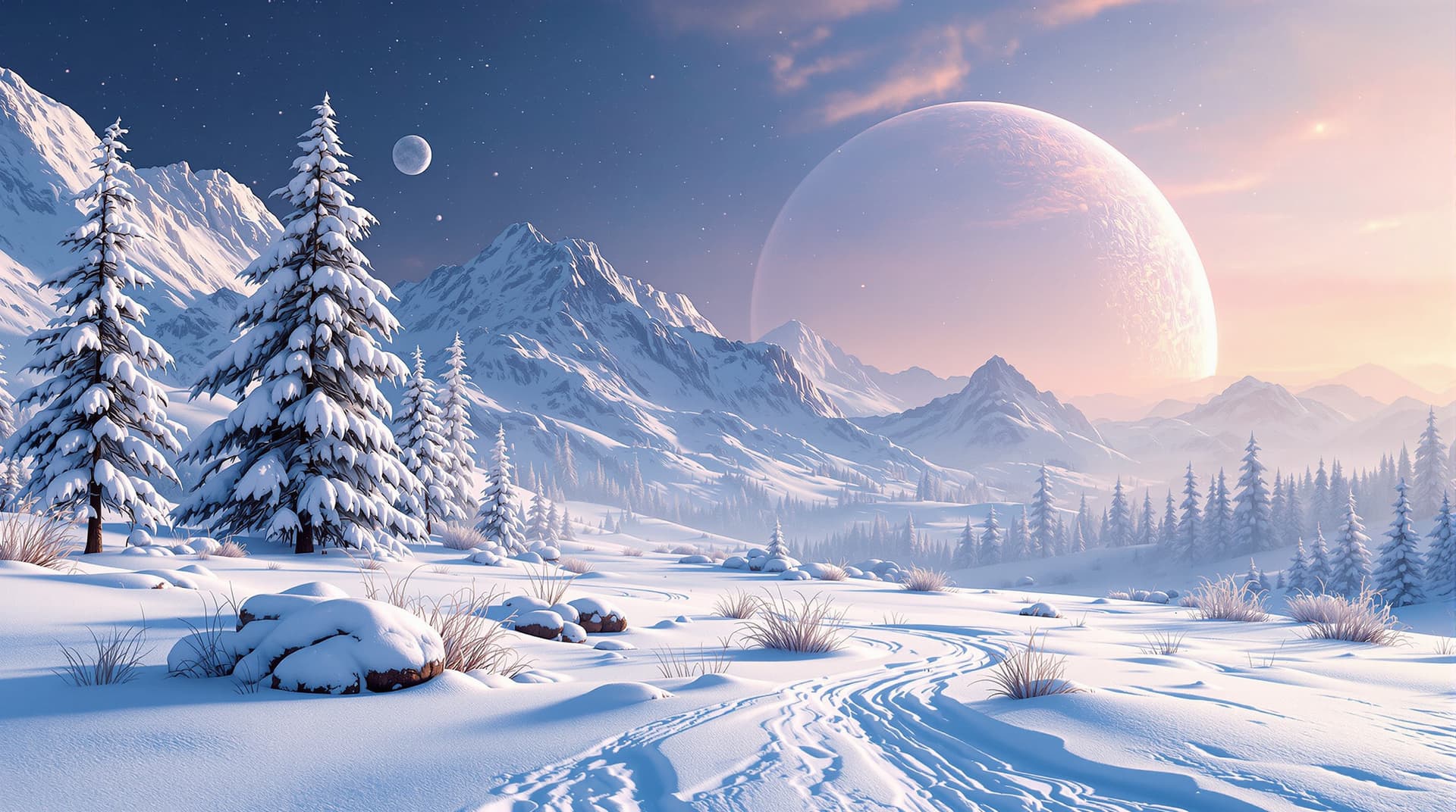 AI generated: winter landscape on a forieng planet