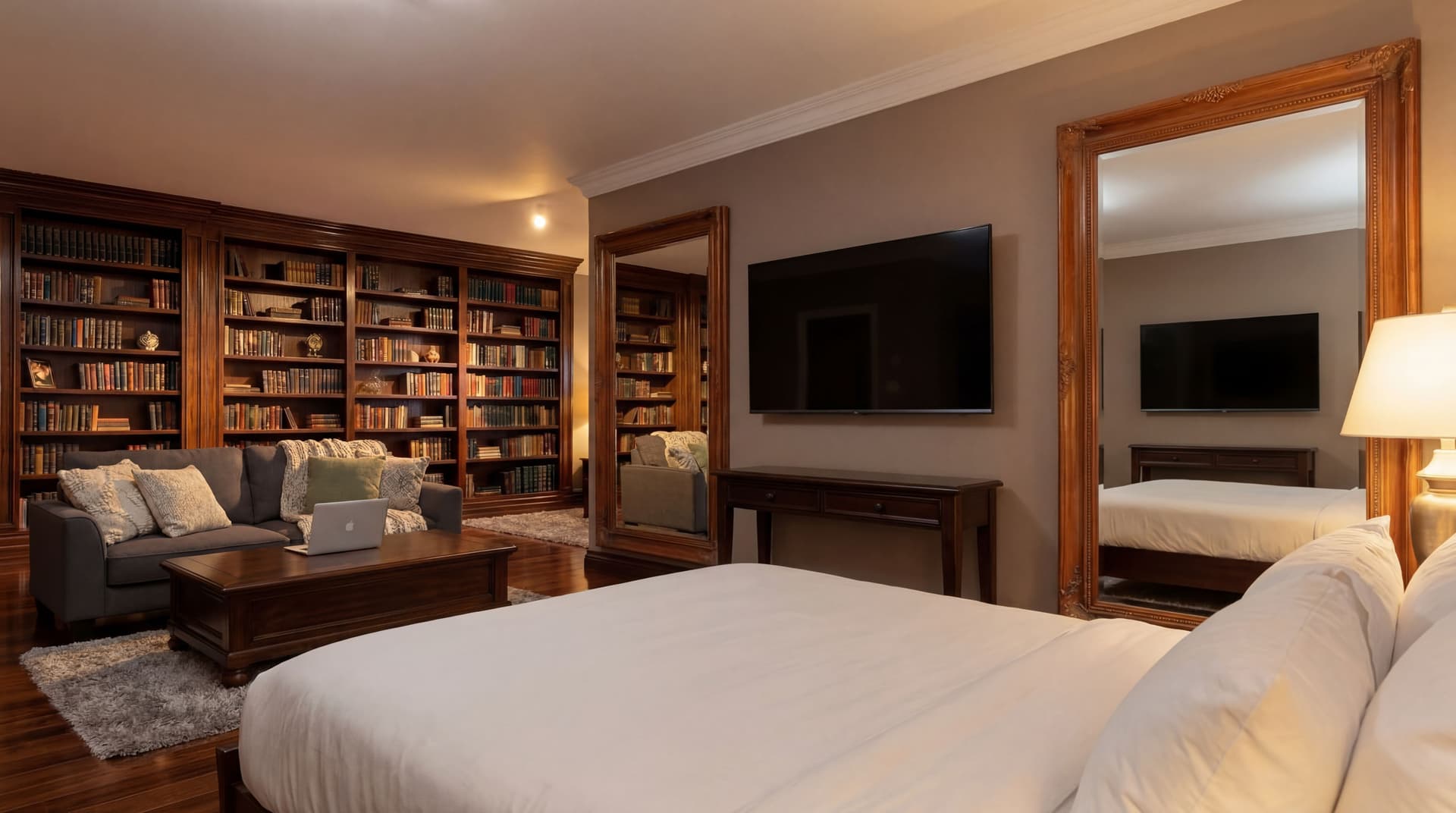 AI generated:  On a different angle of the room. From the perspective of the bed, There is a large T.V. in front o...
