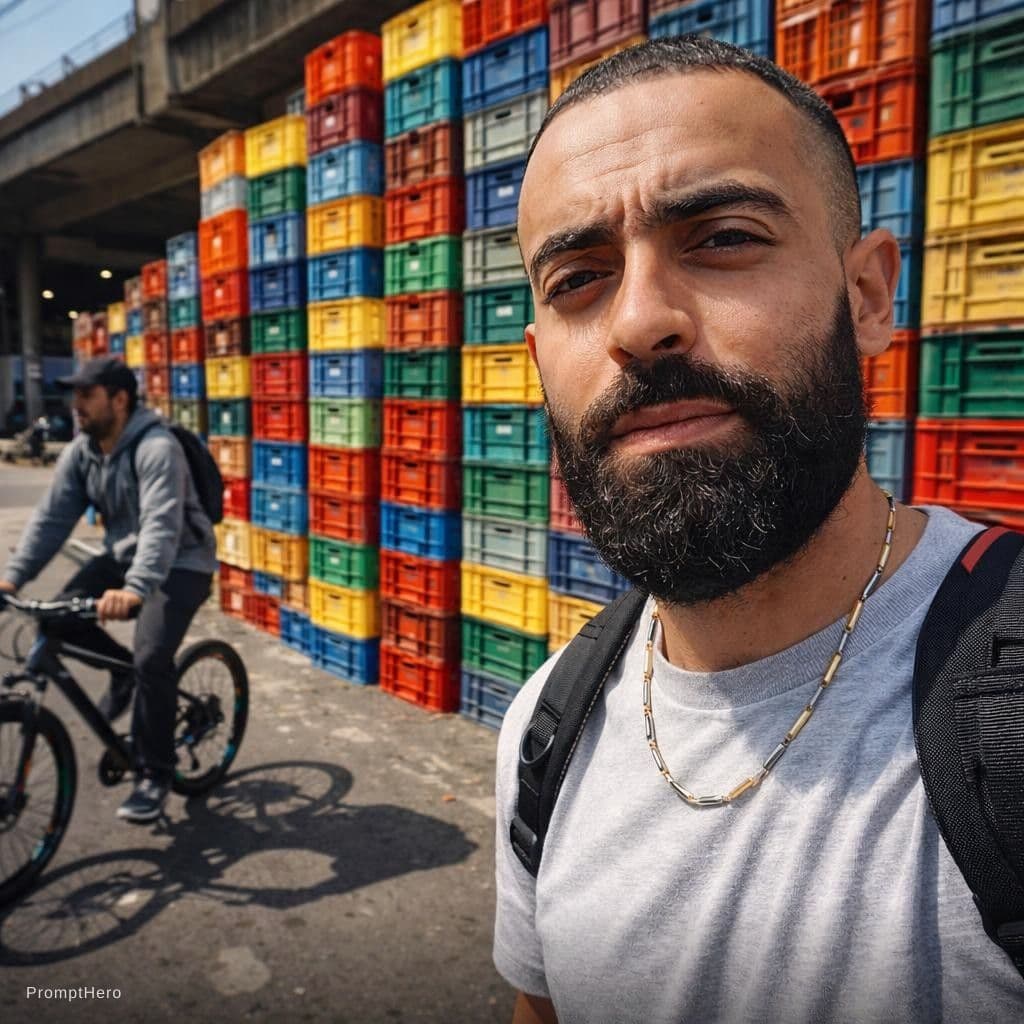 AI generated: contemporary street scene, professional man model with a colorful backdrop of stacked crate, street ...