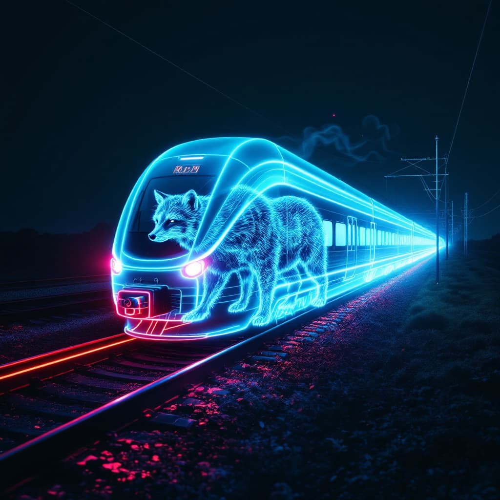 AI generated: Ethereal neon outline of speedrail train, train made up of deceased animal spirits in pale neon acti...