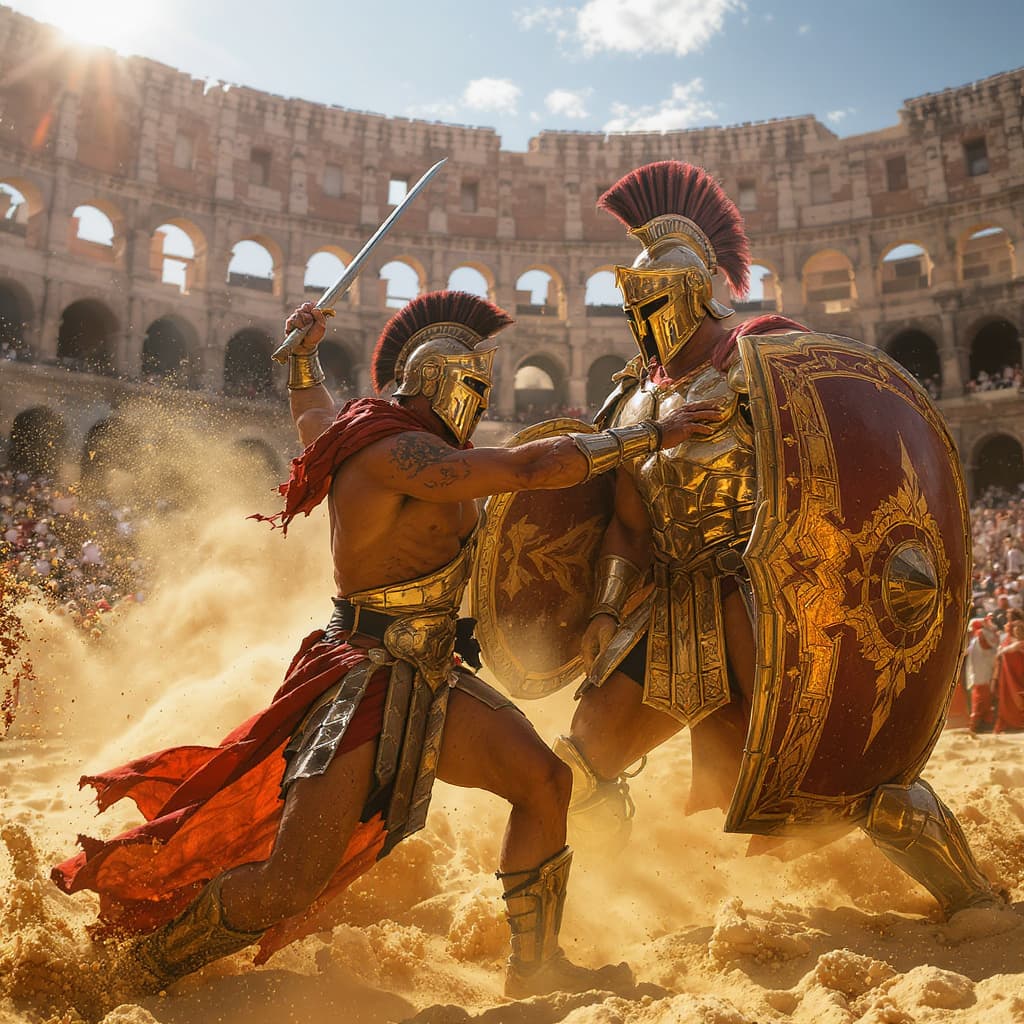AI generated: Roman slave gladiator, scarred and muscular, worn leather armor, dented bronze helmet, tattered red ...