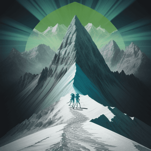 AI generated: Illustration of Mountain climbers ascending a challenging peak. One-point perspective, Abstract back...