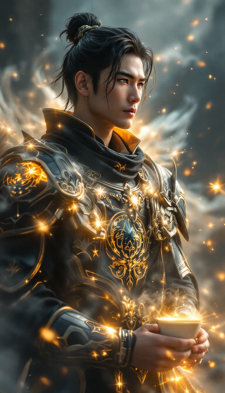 AI generated: An ultra-realistic, full-body portrait of a celestial Hmong man, radiating divine power and unwaveri...