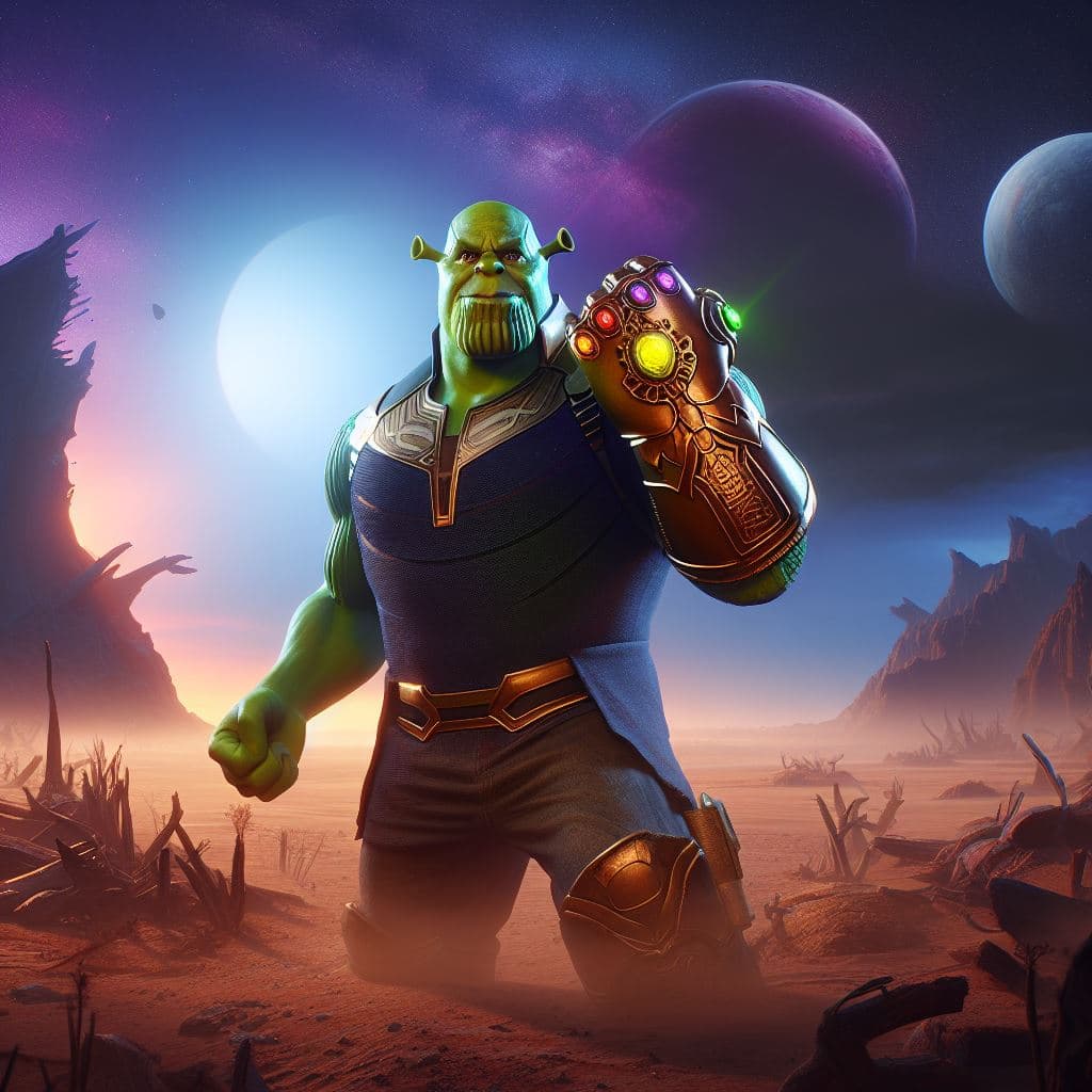 AI generated: Shrek with Thanos' Infinity Gauntlet, devastated scenery, desert, night, fog, endgame, realistic
