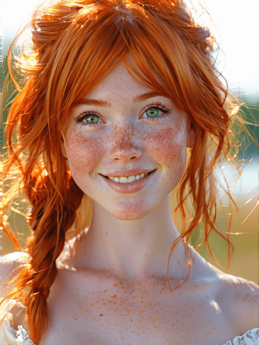 AI generated: A vibrant redheaded t girl,  The young lady's fair, freckled skin is kissed by the sun, giving her a...