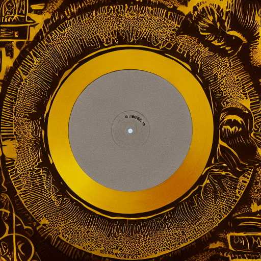 AI generated: A vinyl disk with gold engravings in a dark background, the edges have psychedelic effects.