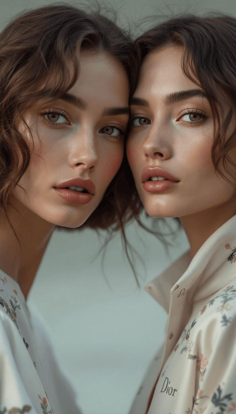 AI generated: crie uma campanha publicitária de roupa, duas modelos, cabelos ruivos e loiros, beleza, Dior, ótima ...