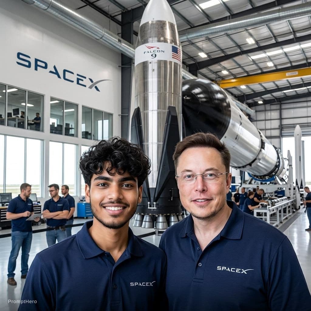 AI generated: with Elon Musk in front of a SpaceX rocket, professional setting