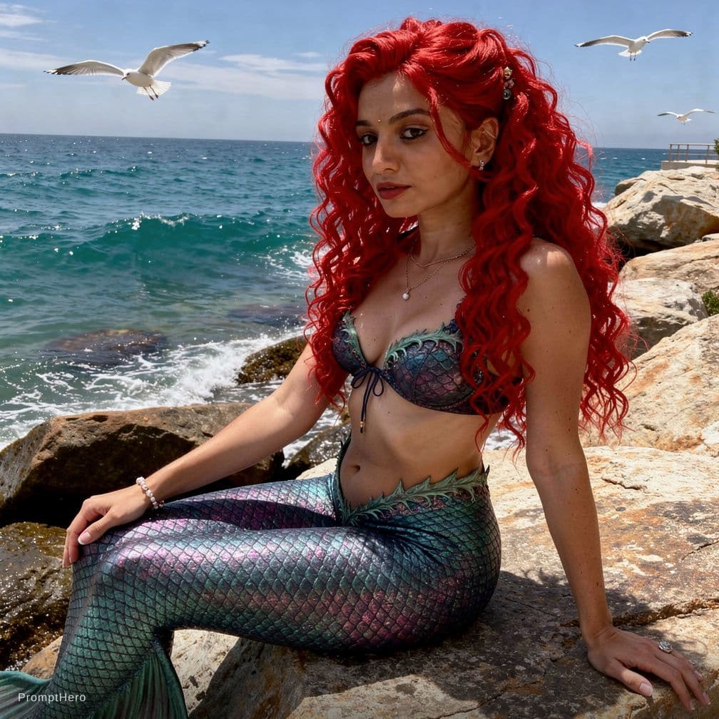 AI generated: siren, shimmering tail, curly red hair, sunning on a rock, azure sea, seagulls soaring, close up