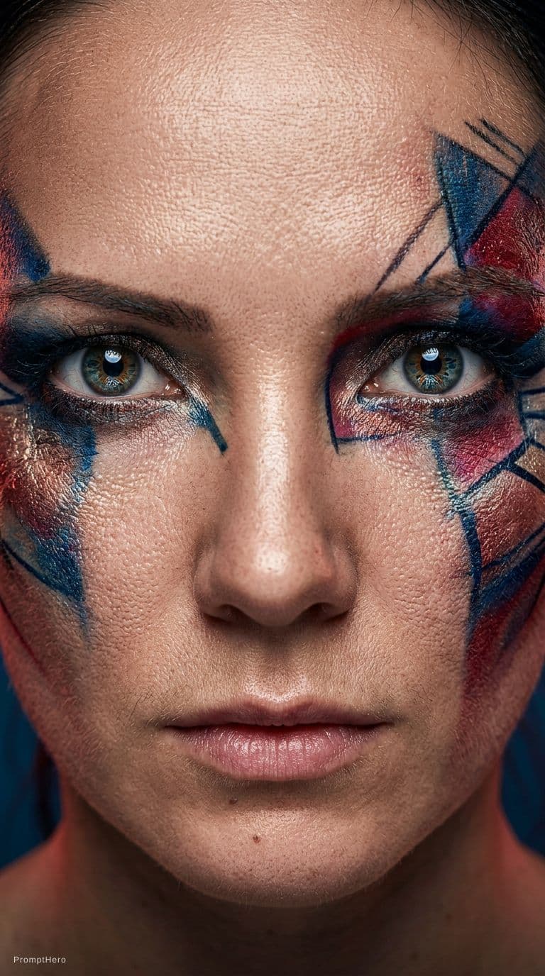 AI generated: Extreme close-up, woman's face, beauty editorial, cinematic realism, face paint, interesting eyes, h...