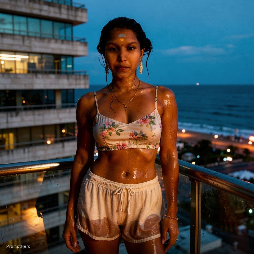 AI generated: A documentary style photograph of a young female on a high balcony just after swimming. Her long dar...