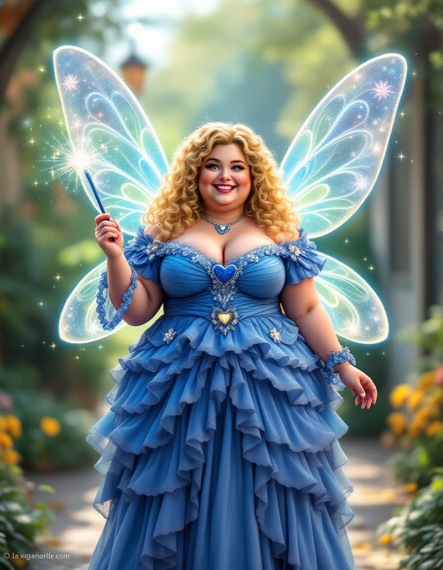 AI generated: Photo humor character fat comic fairy stands cheerfully, adorned in an elaborate blue costume, full-...