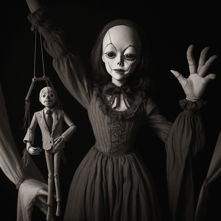 AI generated: creepy marionette show on stage, dim lighting, (grainy:1.2), (vintage:1.1), (spooky:1.3), (intricate...