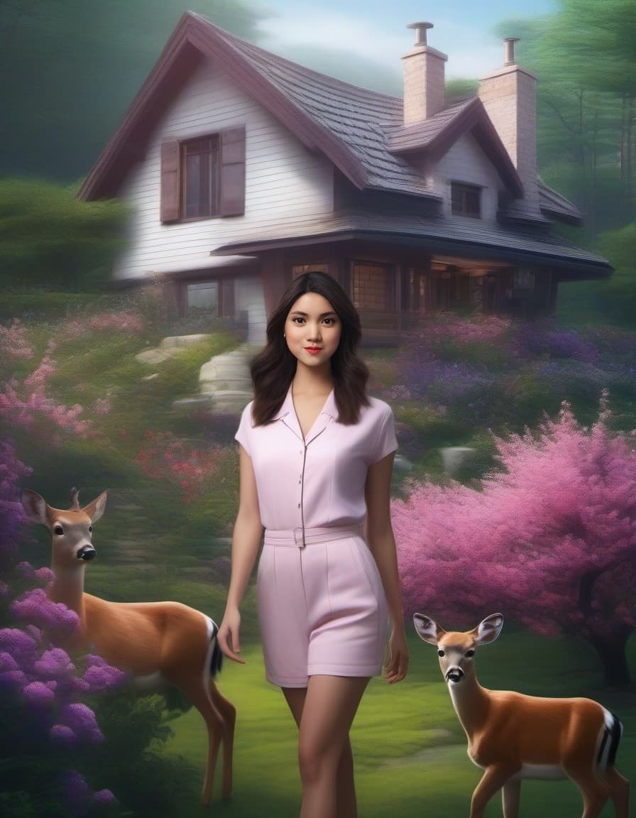 AI generated: a home on the woods with vines growing up one side, pink and purple flowers in a garden in front, an...