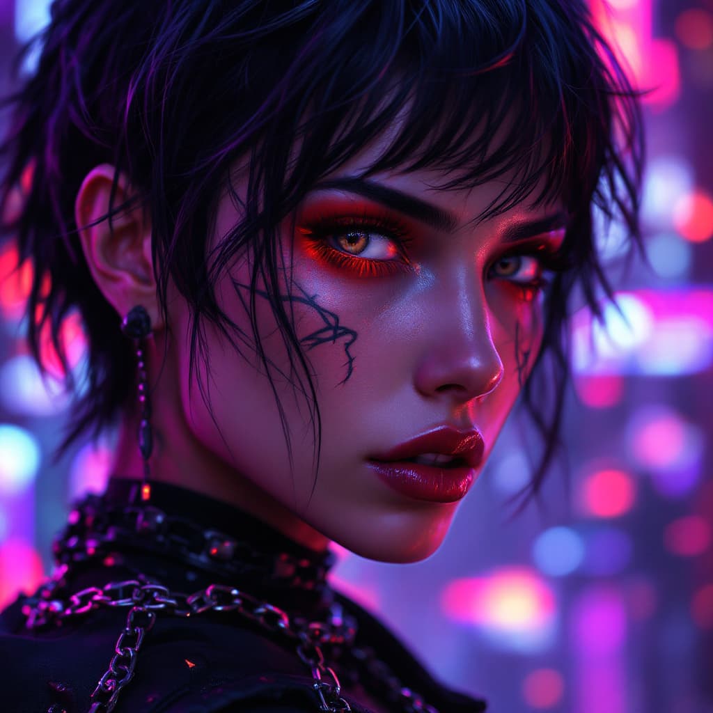 AI generated: A stunning close-up portrait of a mysterious cyberpunk warrior woman with brown an grey eyes, short ...