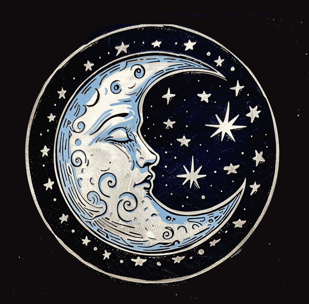 AI generated: A circular logo of the moon and stars with an illustrated face in blue, white, and black colors, in ...