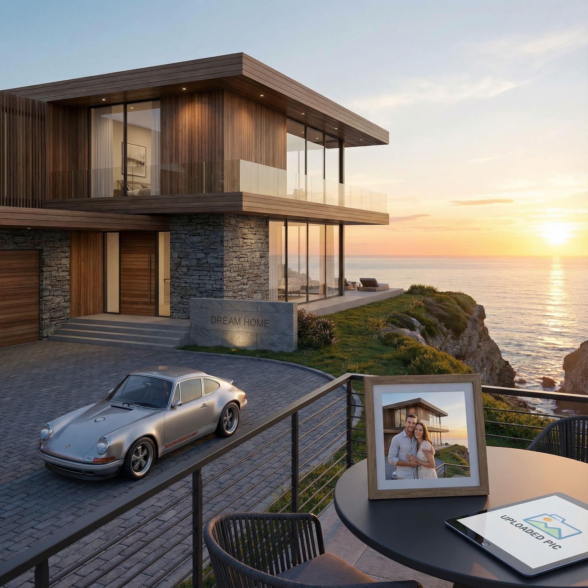 AI generated: Create an image of an dream home and uploaded pic and the dream car legendar