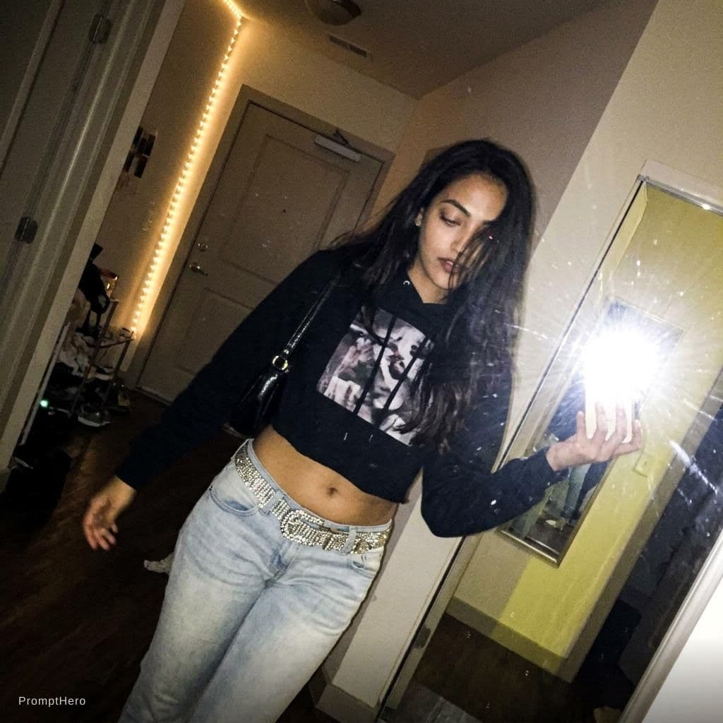 AI generated: a lo-fi 2015s-era, diagonally taken, low-quality iPhone photo of a 20-year-old baddie. The shot is i...