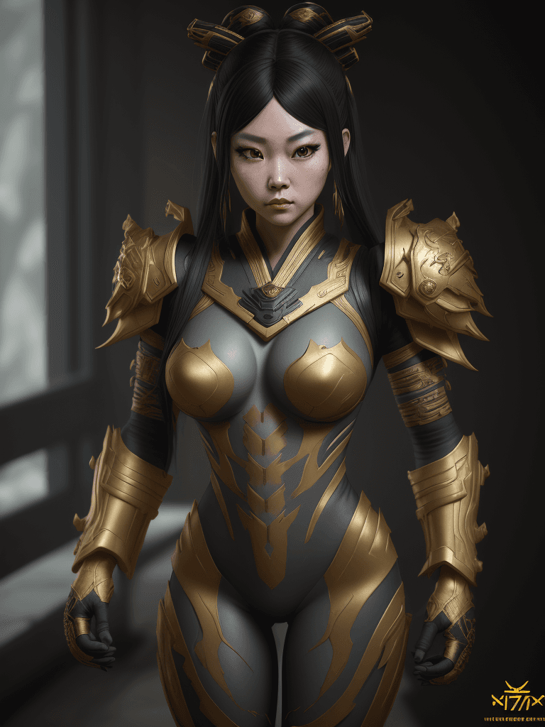 AI generated: woman in predator art cosplay, ultra-detailed, in the style of unreal engine 5, ming dynasty, dark g...