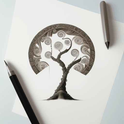 AI generated: pensil, minimalism,  fibonacci spiral with tree of knowledge