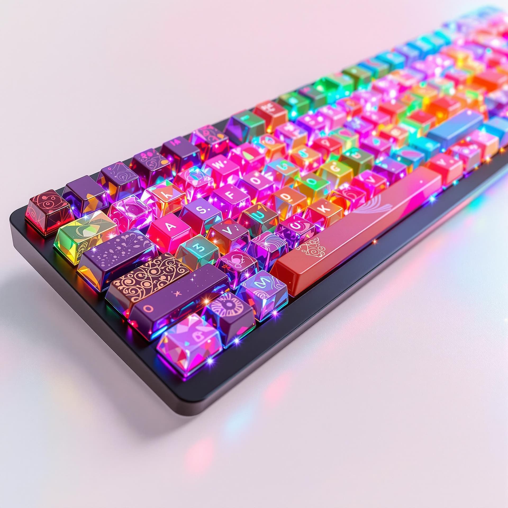 AI generated: A vibrant, highly detailed keyboard with keys crafted from various types of colorful candies, includ...