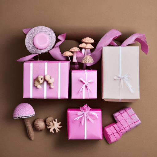AI generated: Several gift boxes, with a small pink bicycle inside the gift box, a mushroom inside other gift box,...