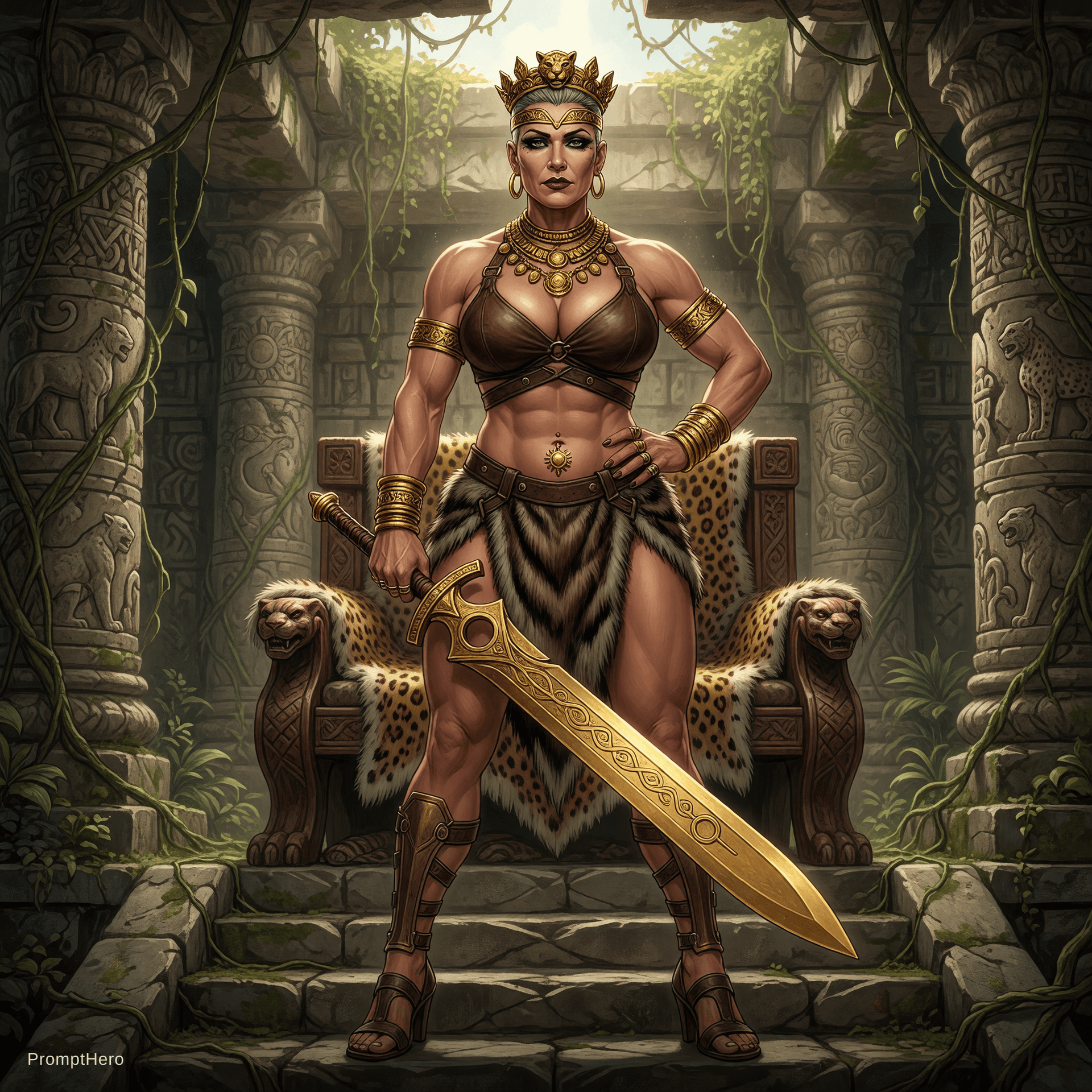 AI generated: A middle-aged Amazon warrior. She is very tall, with a highly defined muscular physique, an huge, fi...