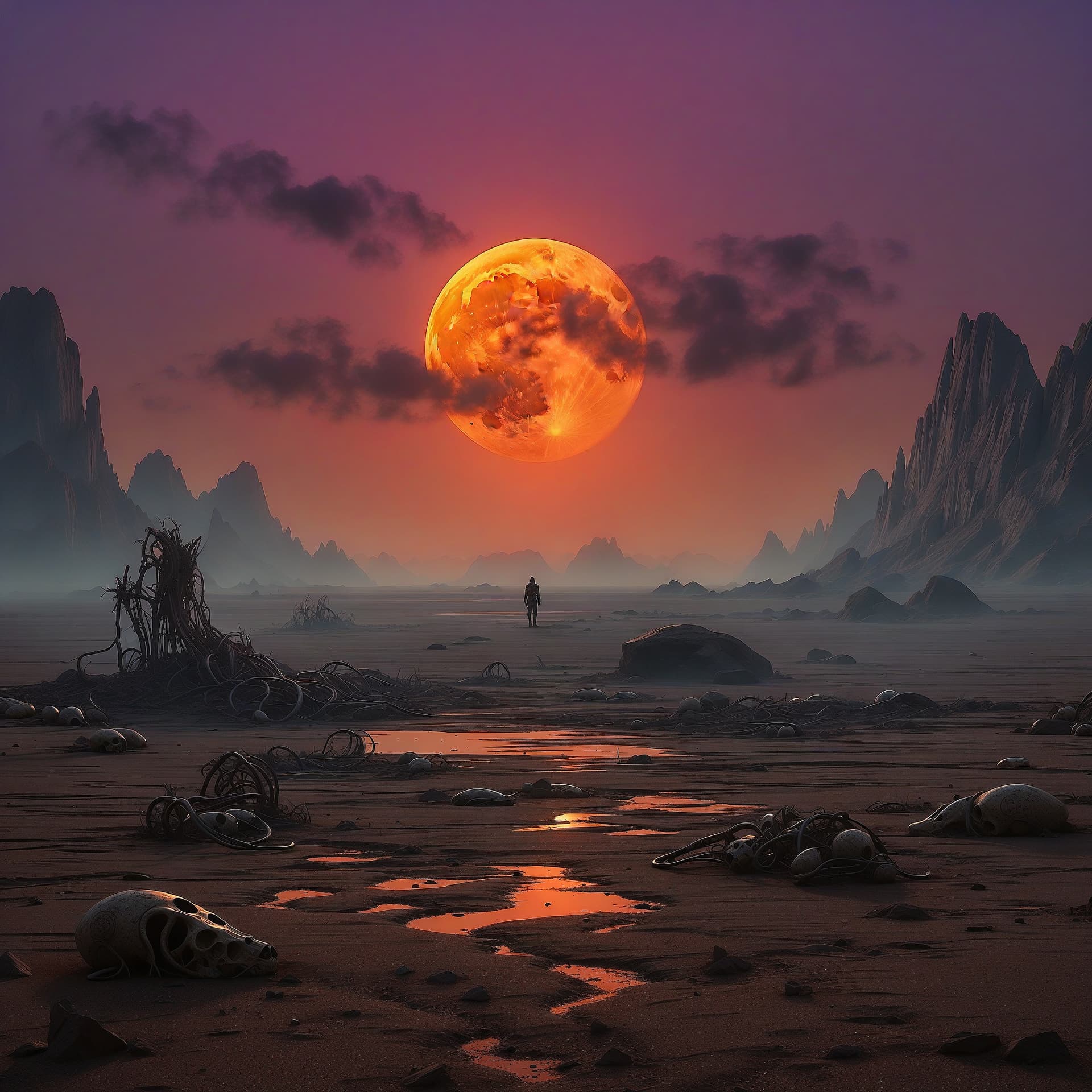 AI generated: Apokalypse,sci fi,on an alien planet,dynamic lights,sunset, 2 suns, nebulas,moons destroyed colony,m...