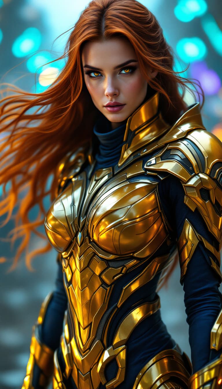 AI generated: A full-body, ultra-realistic photograph of a female warrior in futuristic golden and navy-blue armor...
