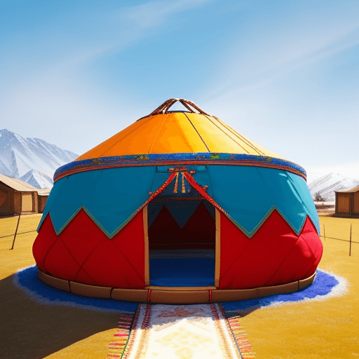 AI generated: Kazakh people celebrate Navruz. Blue sky. Springtime. Yurt. Family. In Hayao Miyadzaki style. 