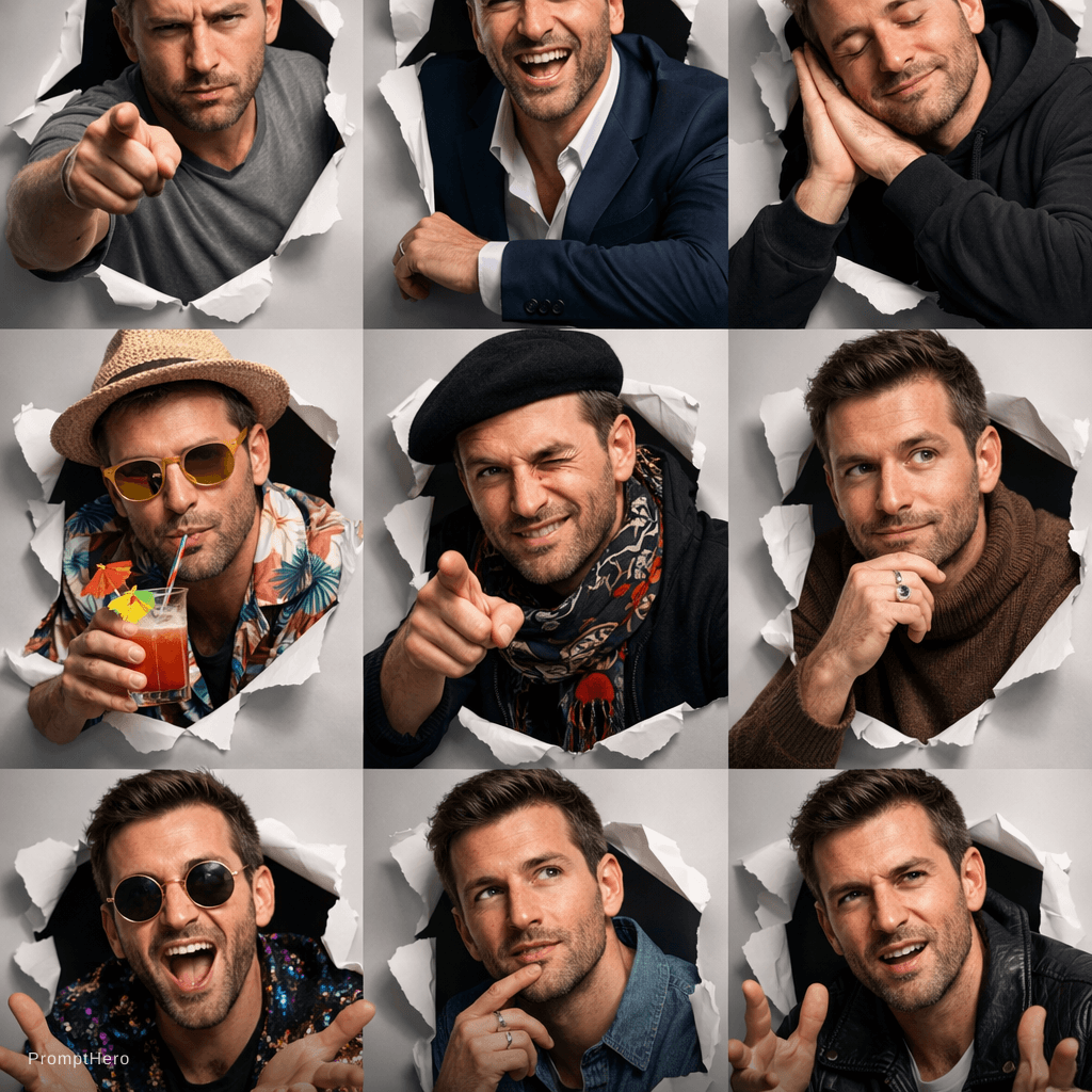 AI generated: Generate a hyper-realistic, 9:16 studio-style collage featuring an adult man  (facial match to the u...