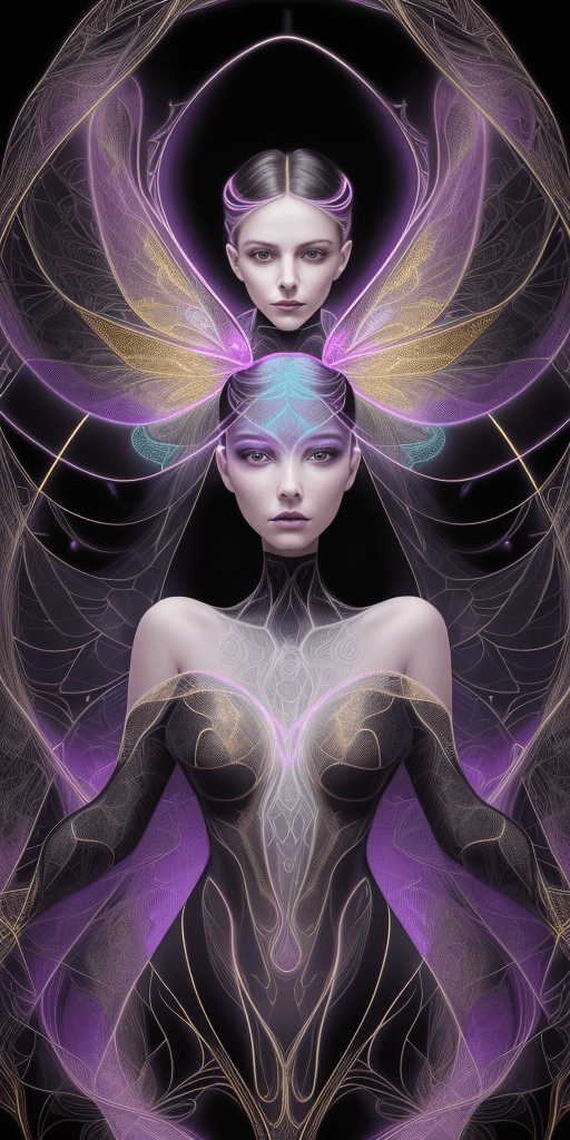 AI generated: portrait forming silhouette of a captivating woman, dynamic holographic lines and patterns resemblin...