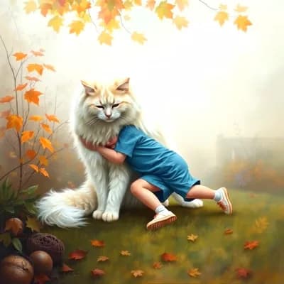 AI generated video: A cute white fluffy cat hugs 4 year old boy wearing blue shorts and blue tshirt playing in a garden,...