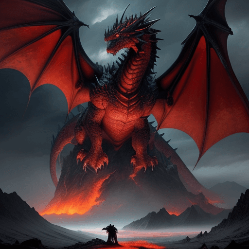 AI generated: epic landscape where a colossal dragon looms out of the stormy sky, with huge red flames comes up of...