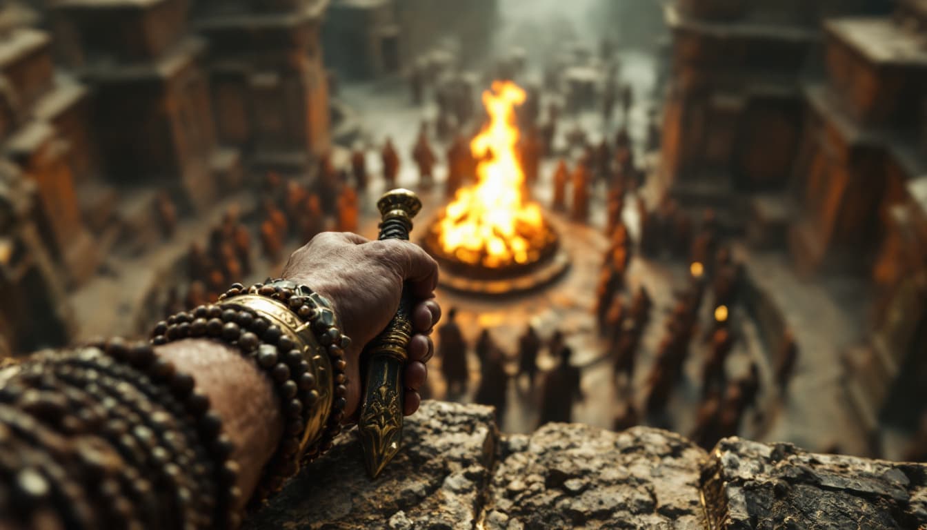 AI generated:  Over-the-Shoulder Shot (Moderate Depth of Field)
From the perspective of a warrior standing at the ...