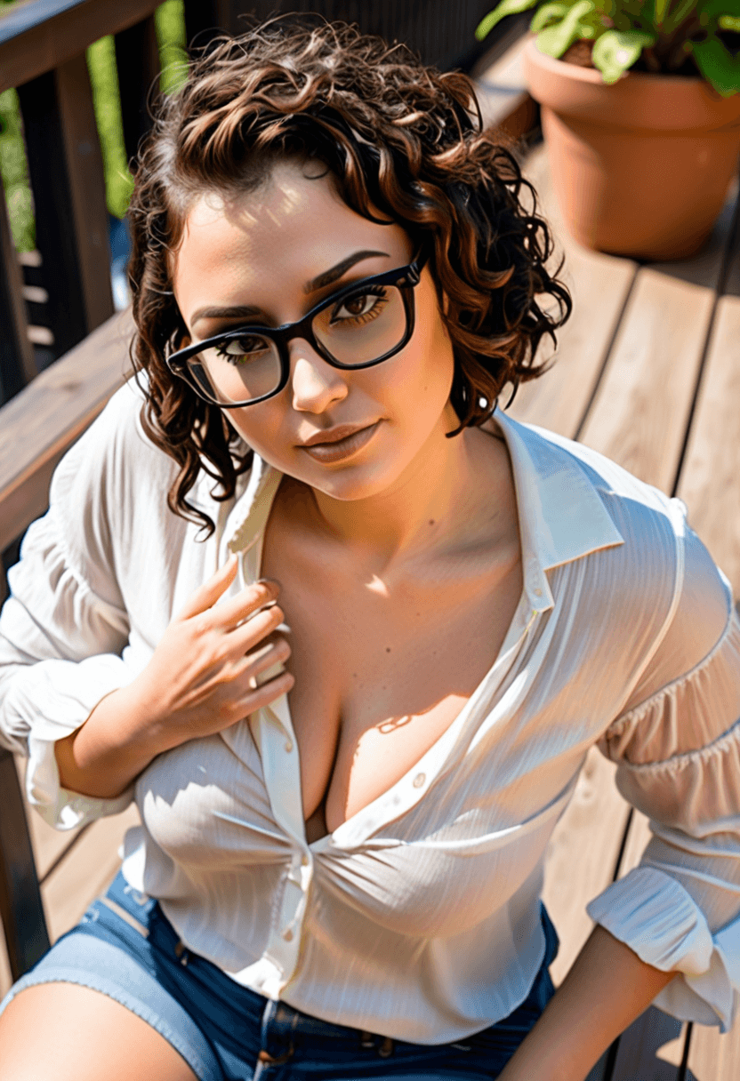 AI generated: woman, from above, short curly brunette hair, dark eyes, wearing designer glasses, bob cut, sitting ...
