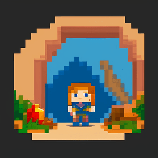 AI generated: Create a pixel art chibi explorer with a backpack, venturing into a pixelated cave filled with treas...