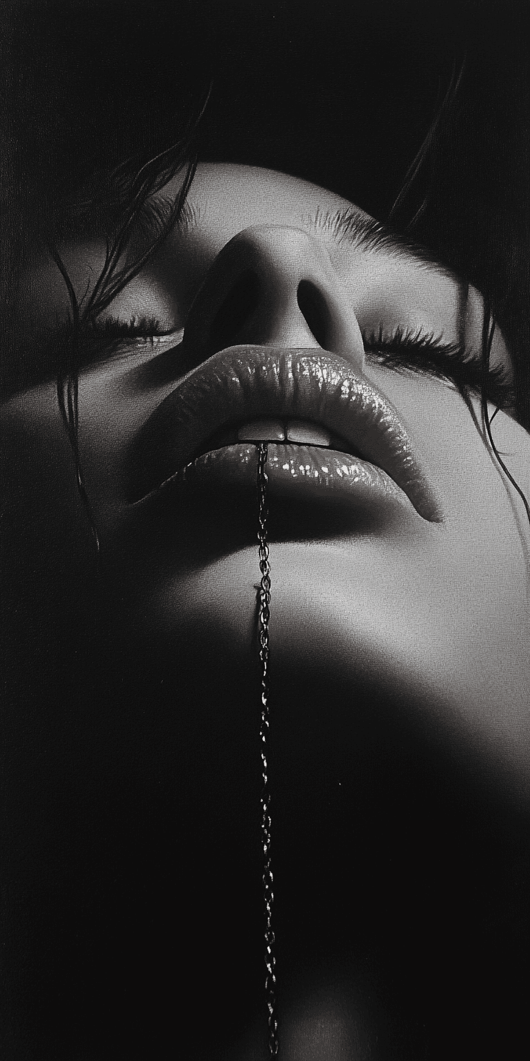 AI generated: A close-up portrait of a woman's face with a dramatic upward angle, emphasizing her full lips and sl...